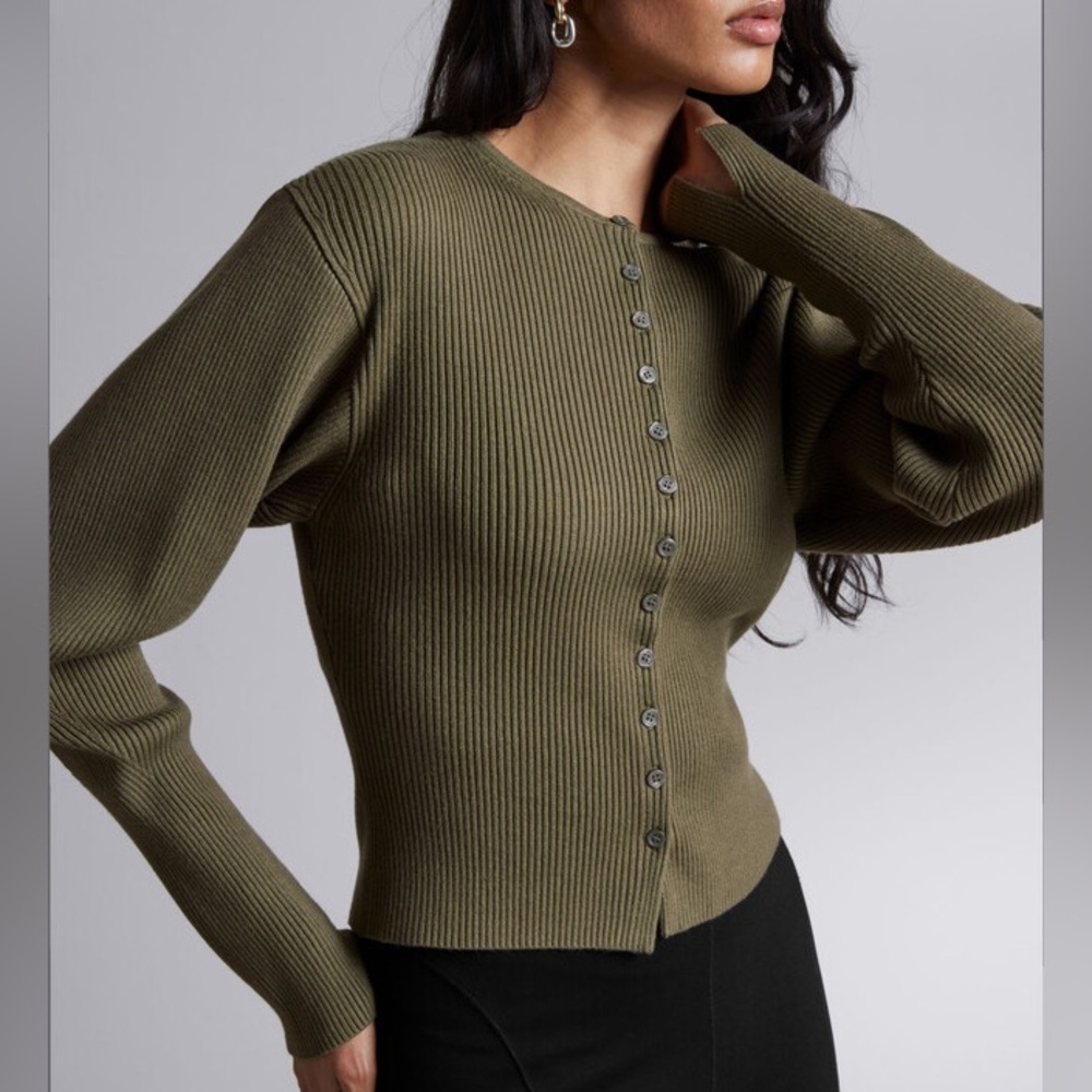 & Other Stories Fitted Rib-Knit Cardigan in Khaki